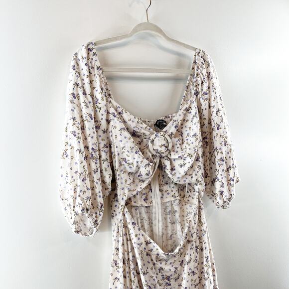 MINKPINK Hailey Floral Puff Sleeve Cutout Midi Dress White Purple XL - Picture 6 of 16
